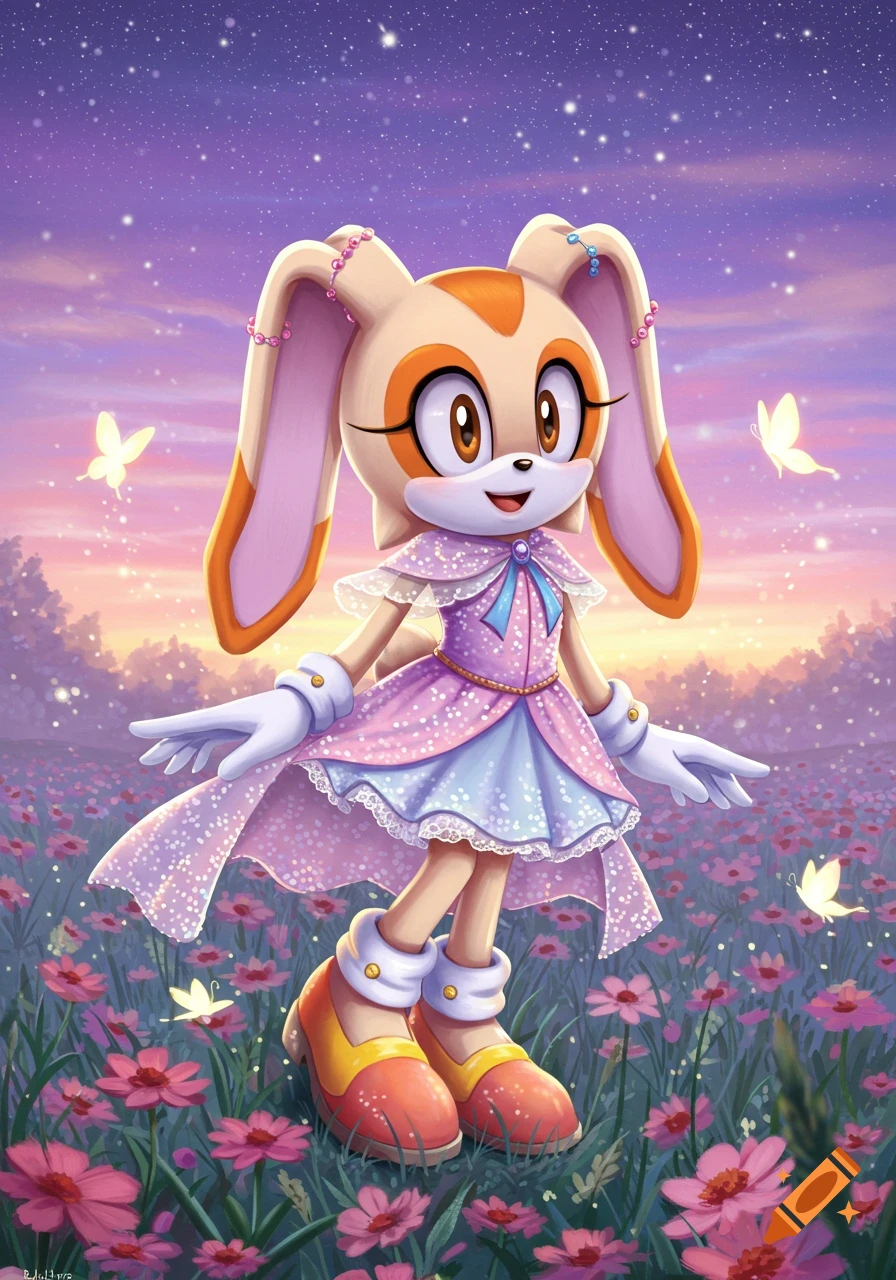 Cream the Rabbit as a magical girl in a sparkling pink dress, standing in a field of pink flowers under a starry twilight sky with glowing butterflies.