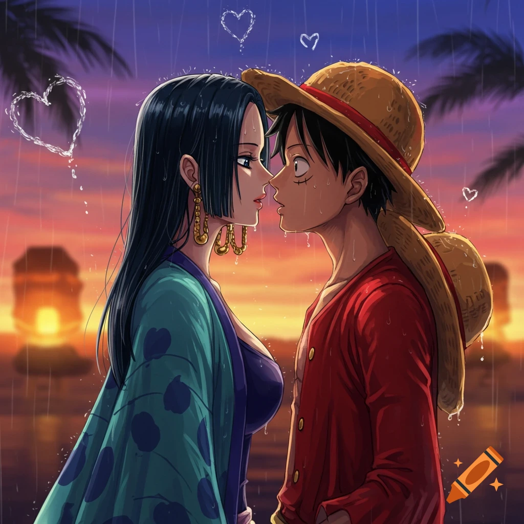 Anime characters Luffy and Hancock almost kissing in the rain at sunset, with hearts floating around them.