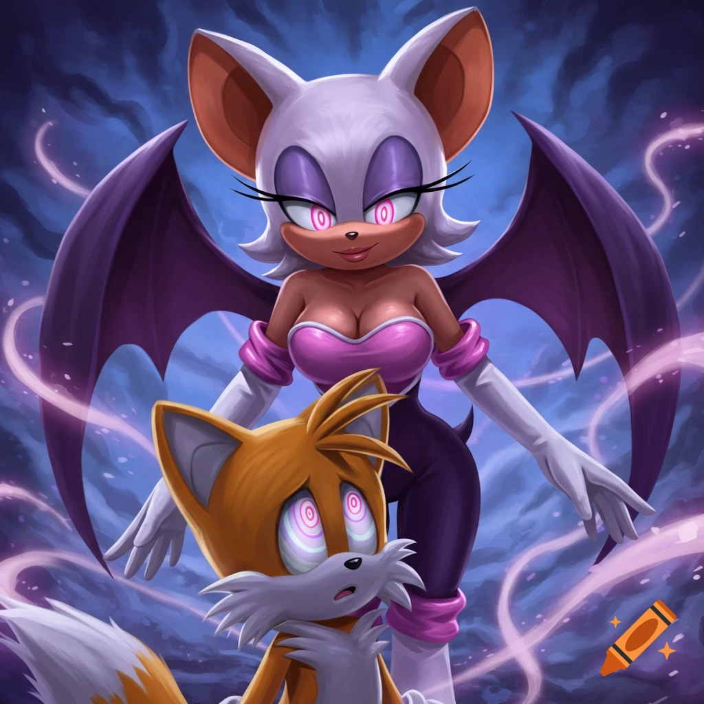 Rouge the Bat with glowing pink eyes stands behind a hypnotized Tails who has spiraling eyes, against a dark, mystical background.