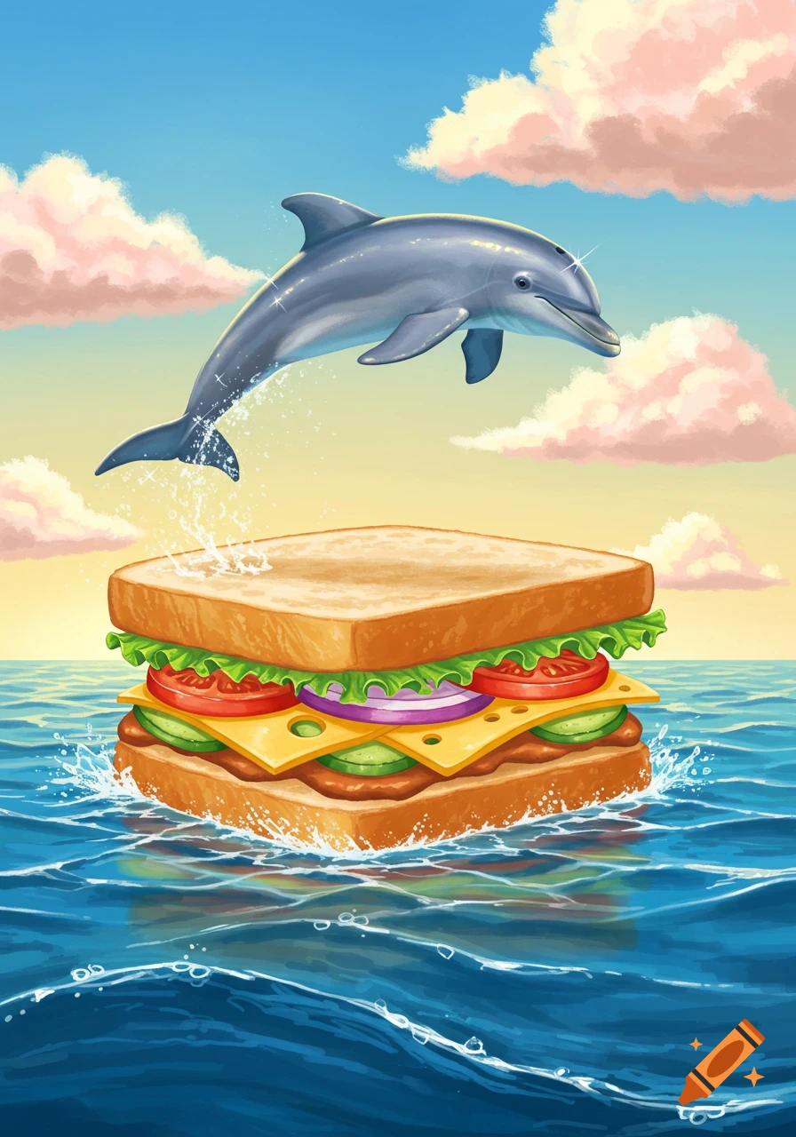 A cartoon dolphin leaps over a large, multi-layered sandwich floating in the bright blue ocean, under a sunny sky with pink clouds. Illustration.