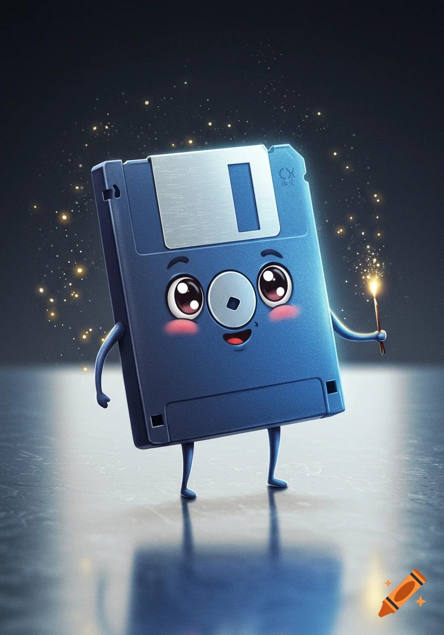 A cute, blue cartoon floppy disk with rosy cheeks, arms, and legs, holding a sparkling magic wand, standing on a reflective surface.