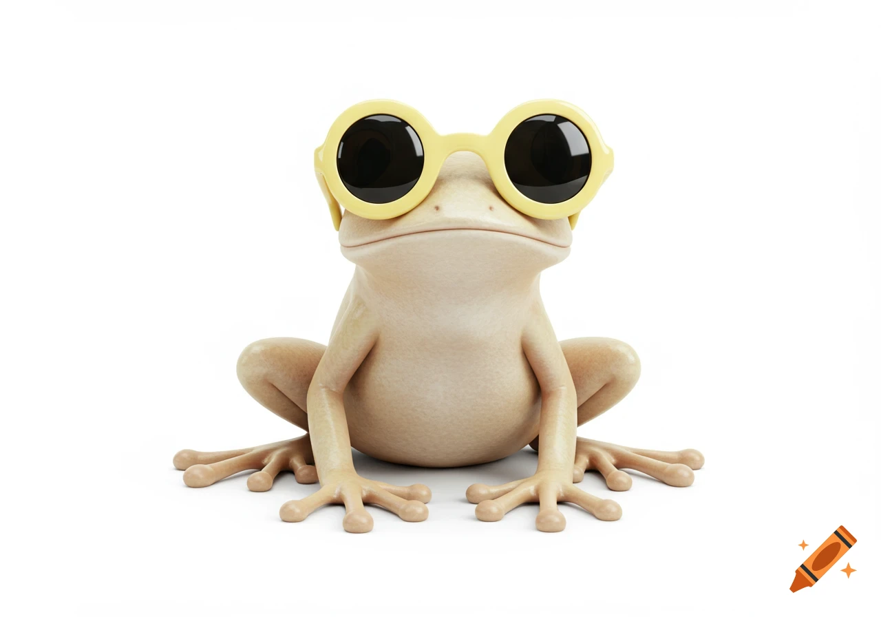 A pale frog wearing round yellow sunglasses sits facing forward on a white background. Photorealistic 3D render.