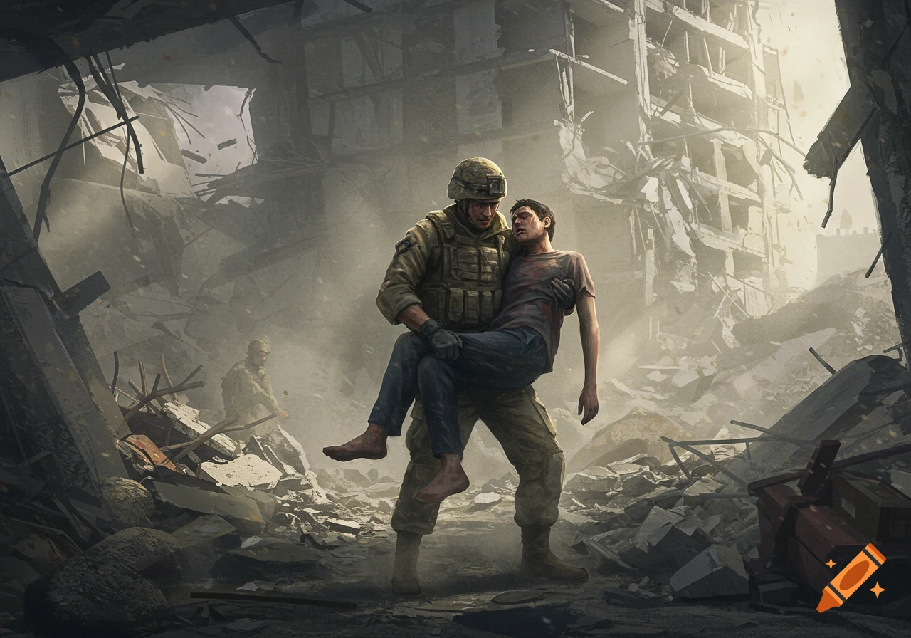 A soldier in uniform carries an injured person through the debris of a ruined city, in a realistic illustration.