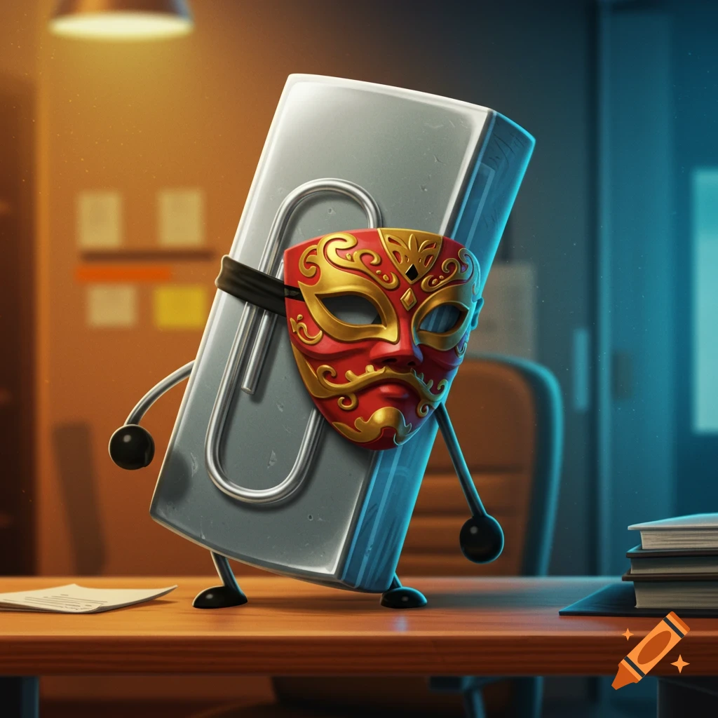 A personified silver paper clip, resembling Clippy, wears a red and gold ornate mask while standing on a wooden desk in an office setting.