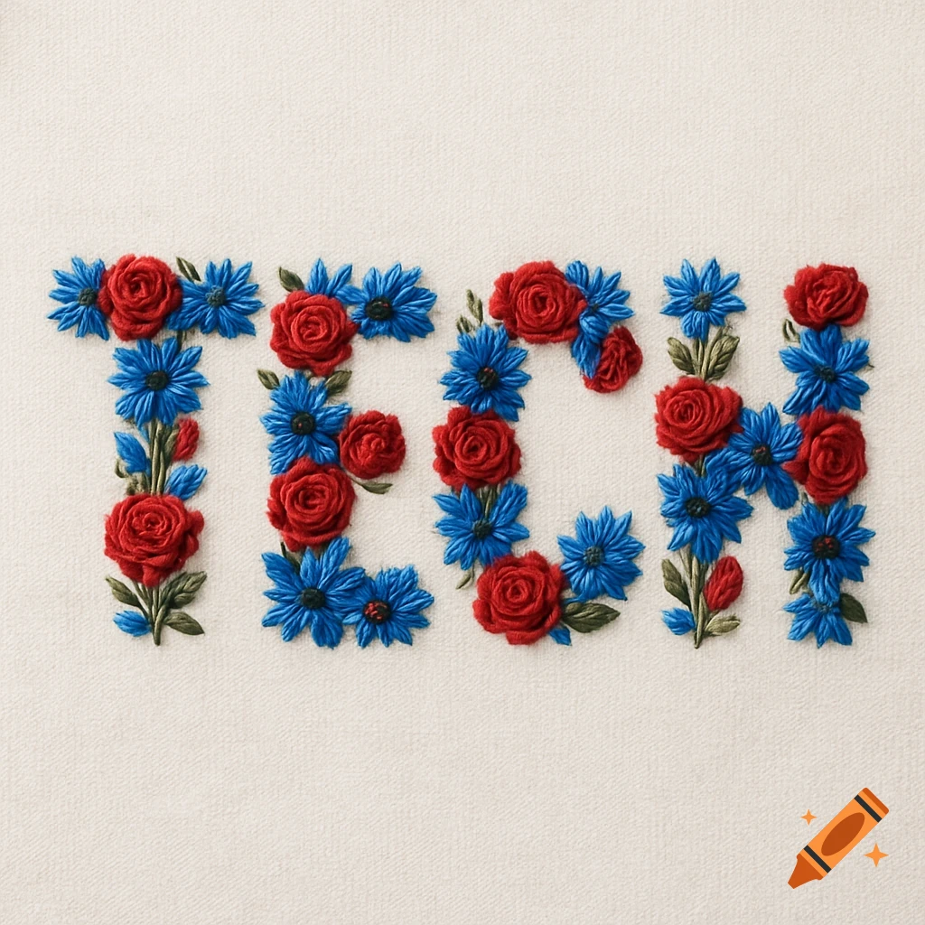 The word TECH spelled out with red roses and blue flowers, embroidered on a light fabric background.