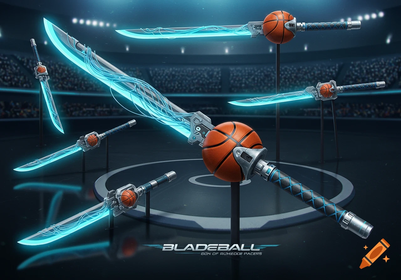 Several glowing blue futuristic swords with basketballs integrated into their hilts, displayed in a sports arena.