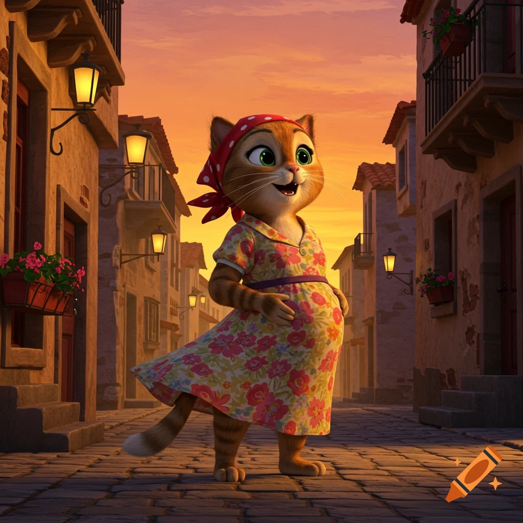 A pregnant cartoon cat with a red bandana and floral dress smiles, standing on a cobblestone street in a European town at sunset.