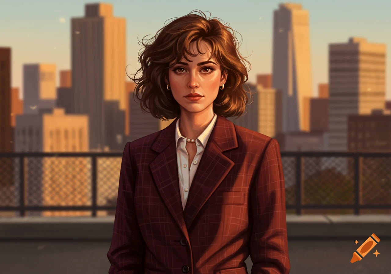 Digital art portrait of a professional woman with shoulder-length brown hair in a plaid blazer, standing on a city rooftop at sunset.