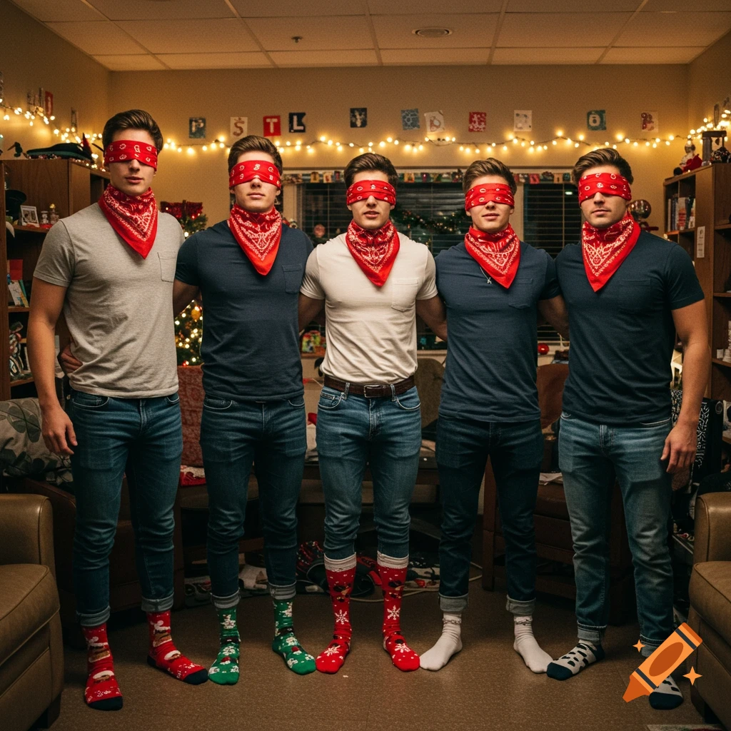 Five men wearing red blindfolds, red bandanas, t-shirts, jeans, and festive Christmas socks stand in a room decorated with fairy lights.