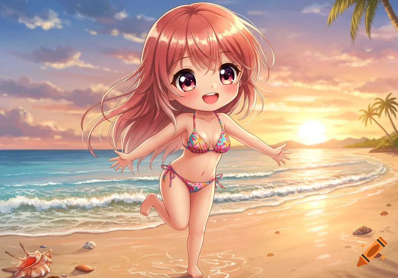 A cute anime chibi girl in a floral bikini runs on a beach during sunset, with ocean waves, palm trees, and seashells.