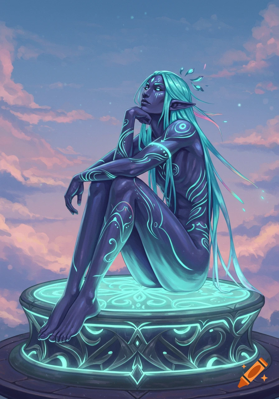 Ethereal dark-skinned character with glowing patterns and long blue hair sitting on an ornate glowing base against a cloudy, starry sky.