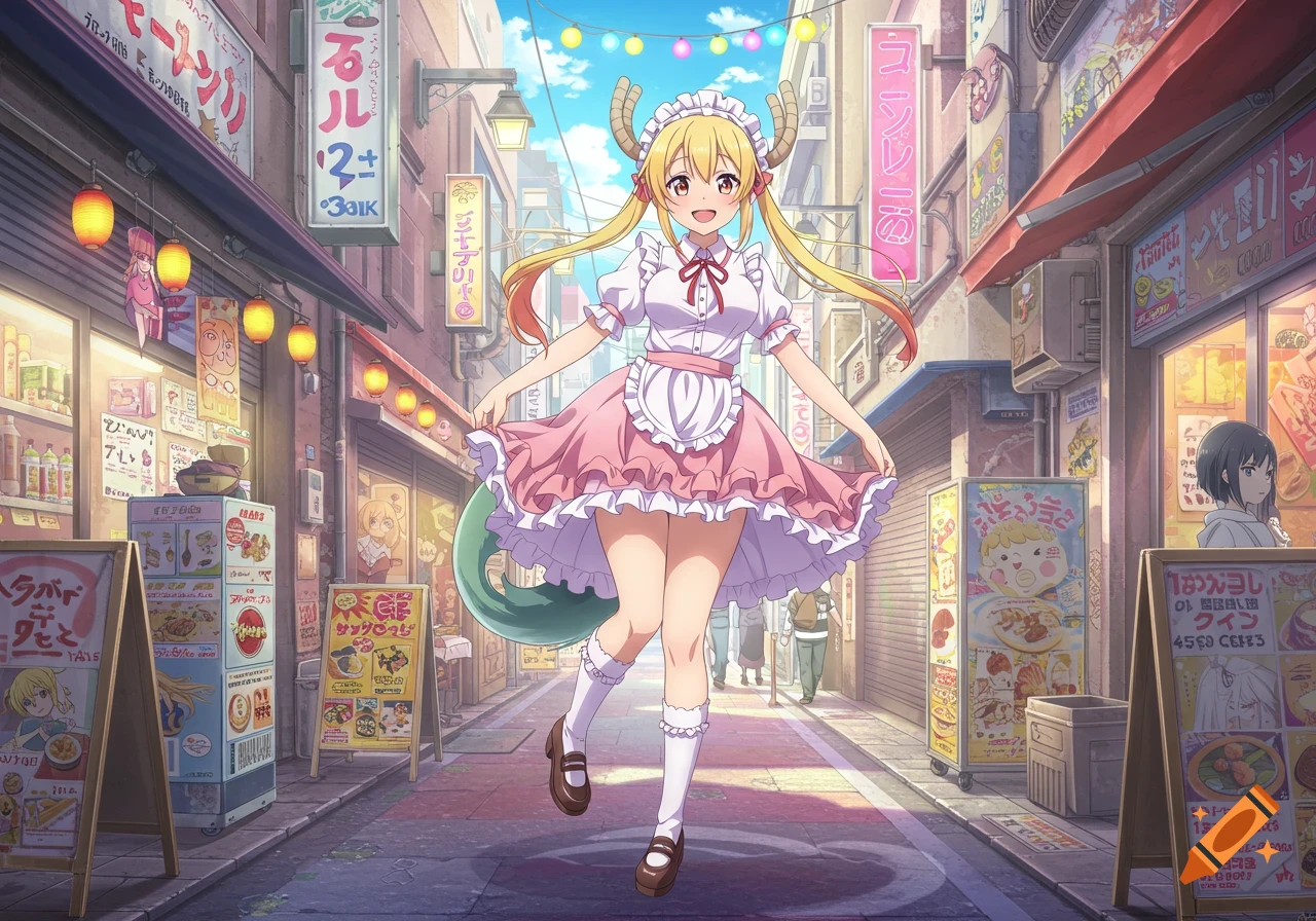 A cheerful anime dragon girl with blonde hair, horns, and a tail, wearing a pink maid dress, stands in a vibrant Japanese street market.