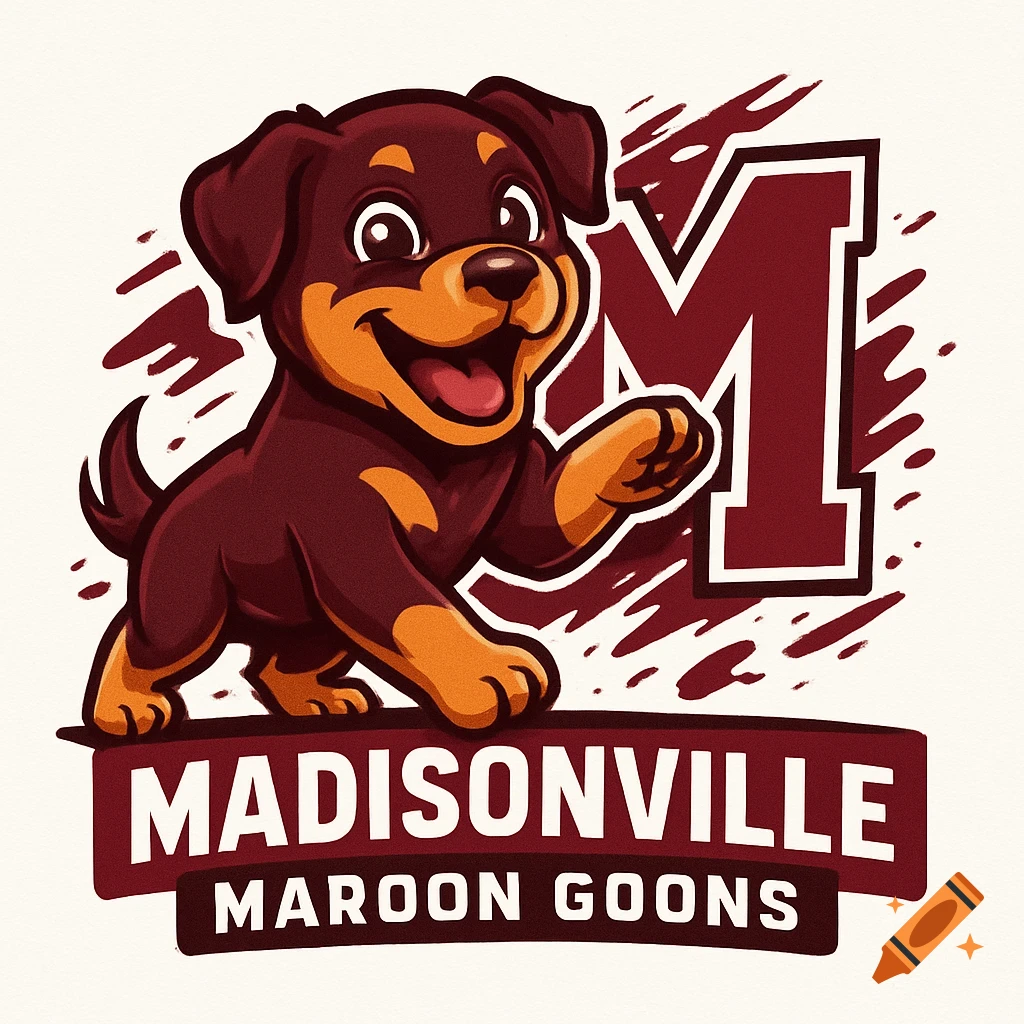 Cartoon logo of a happy Rottweiler puppy in maroon and orange, with "MADISONVILLE MAROON GOONS" text and a large M.