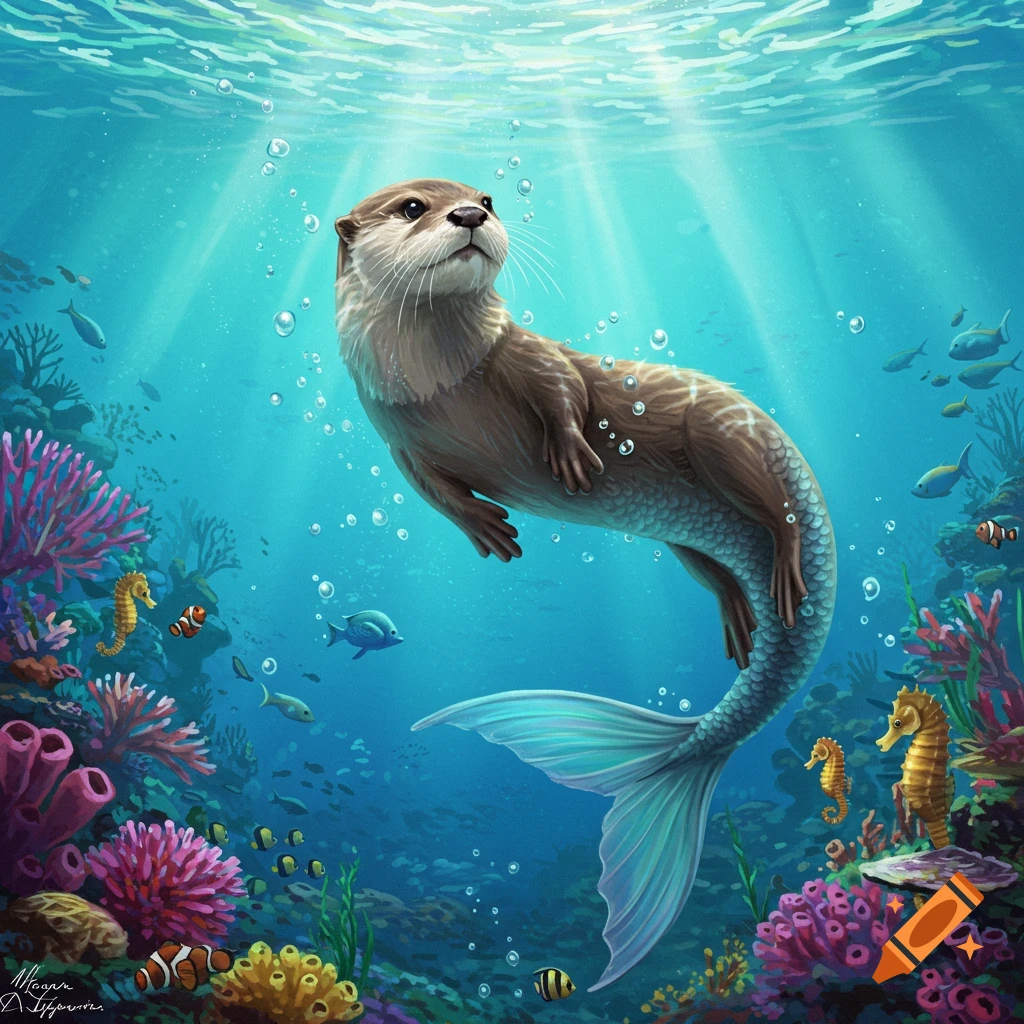 A cute otter with a mermaid tail swims gracefully underwater surrounded by vibrant coral, fish, and seahorses.