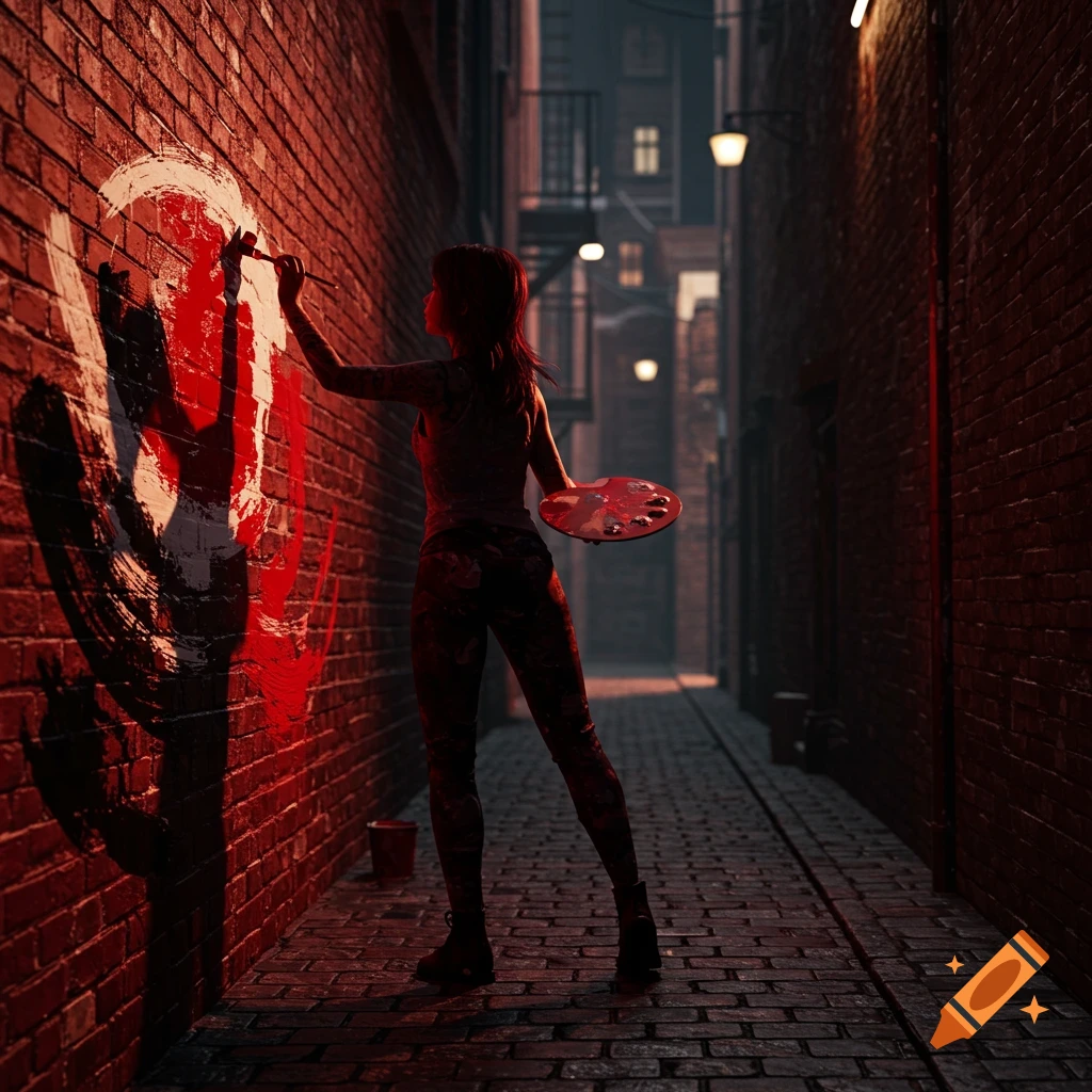 A female artist paints abstract red and white strokes on a dark brick alley wall at night, holding a palette.