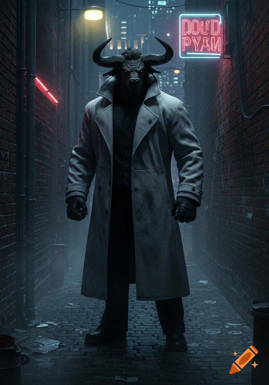A formidable minotaur in a long coat stands in a dark, neon-lit city alley, looking like an investigator.