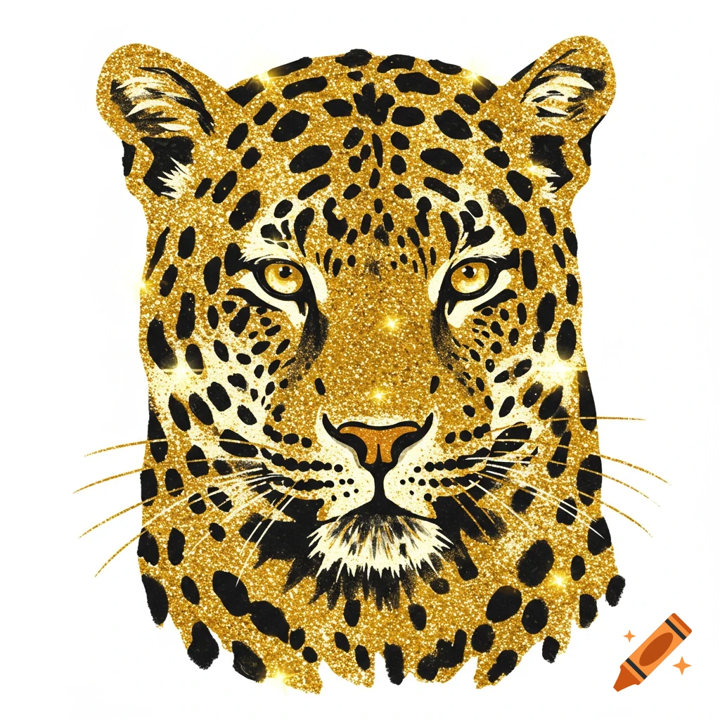 Close-up of a leopard's face, rendered in black and gold glitter on a white background.