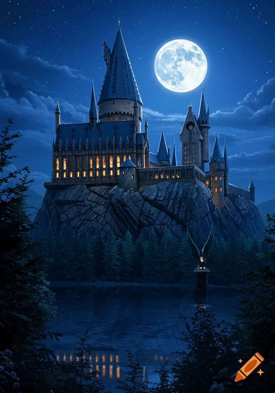 Hogwarts Castle stands majestically on a rocky cliff under a brilliant full moon, reflecting in the dark lake surrounded by pine trees at night.