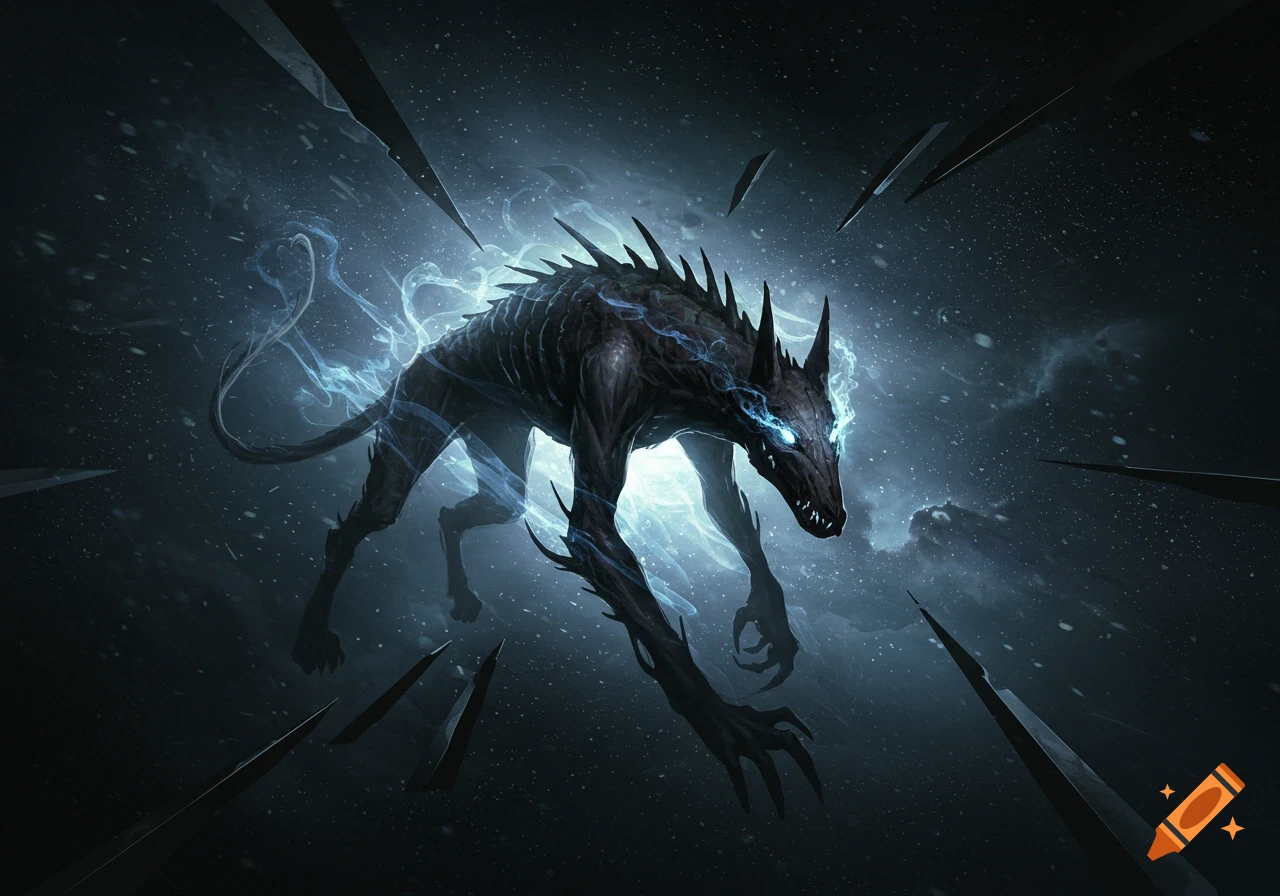Skeletal, spiky wolf-like creature with glowing blue eyes and ethereal energy against a dark, cosmic background with shards, dark fantasy style.