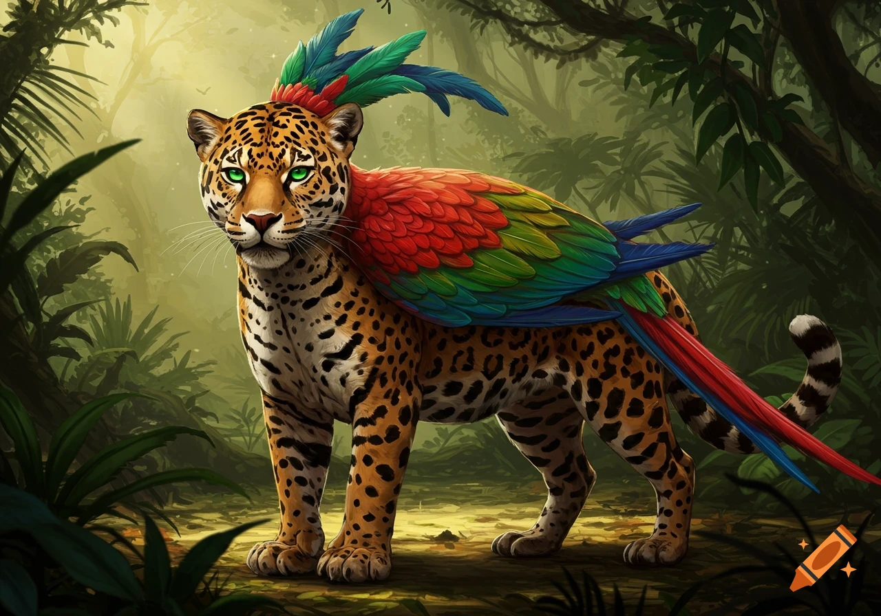 A majestic jaguar with vibrant red, green, and blue parrot wings and head feathers stands in a lush, sun-dappled jungle. Its eyes are a striking green.