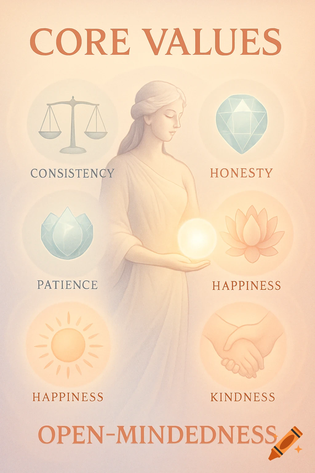 A poster titled 'CORE VALUES' with a goddess surrounded by symbols representing consistency, honesty, patience, happiness, kindness, and open-mindedness.