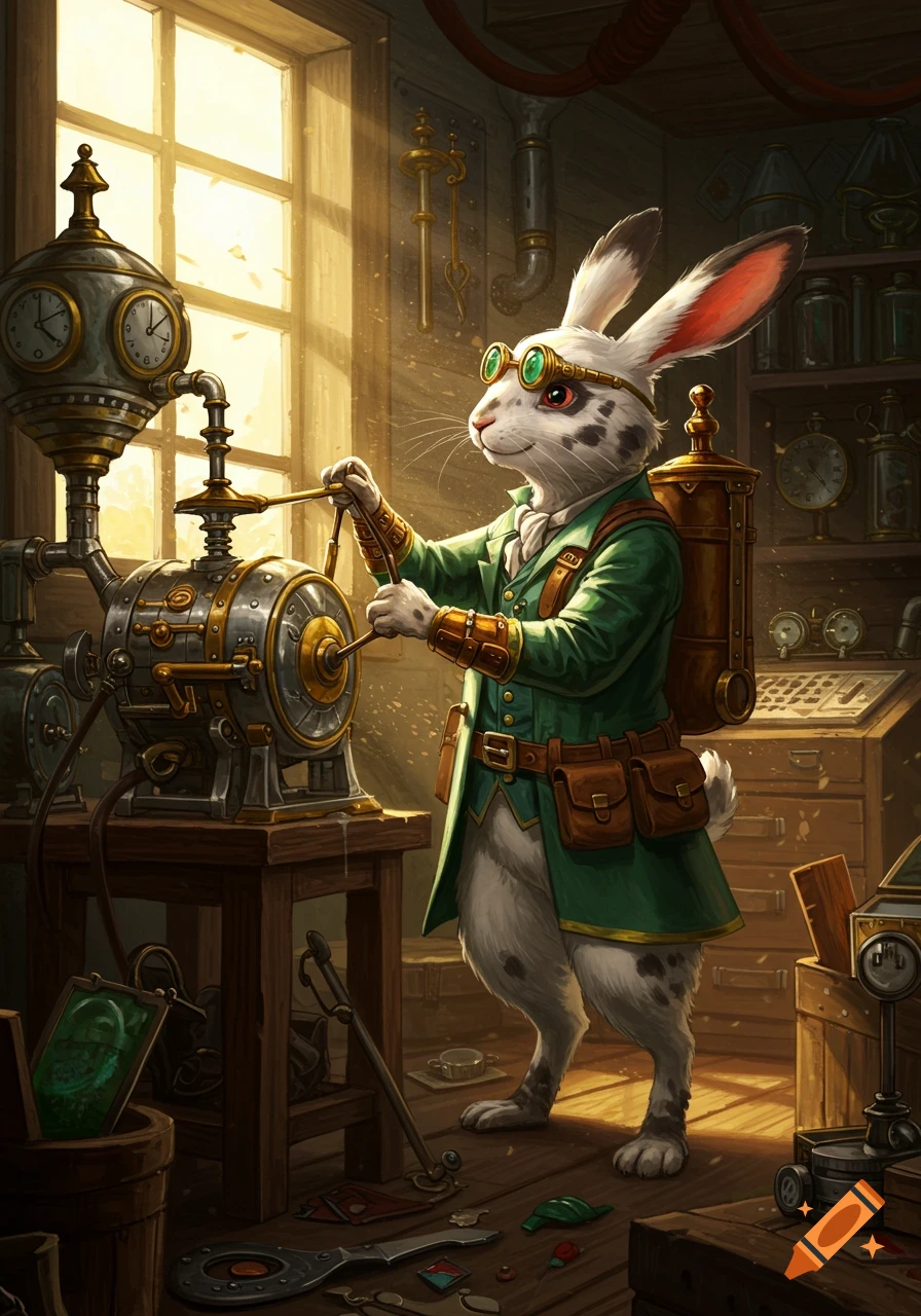 An anthropomorphic white rabbit wearing goggles and a green coat works on a steampunk machine in a sunlit workshop.
