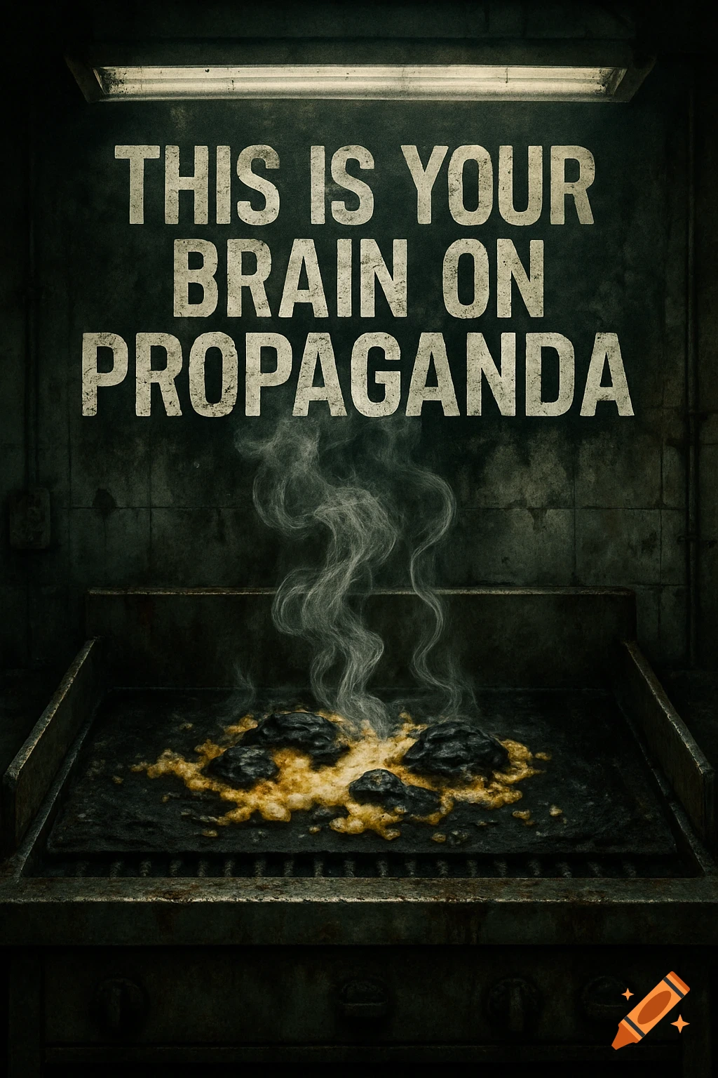 Dark image showing scrambled eggs burning on a dirty grill under text that reads 'THIS IS YOUR BRAIN ON PROPAGANDA'.