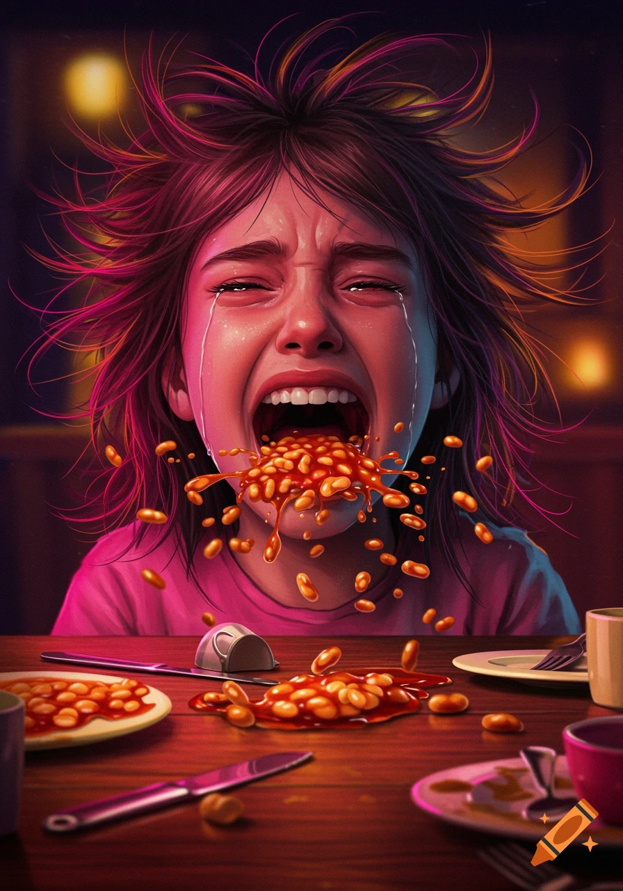 Vibrantly illustrated young girl crying and screaming while spewing baked beans onto a table.