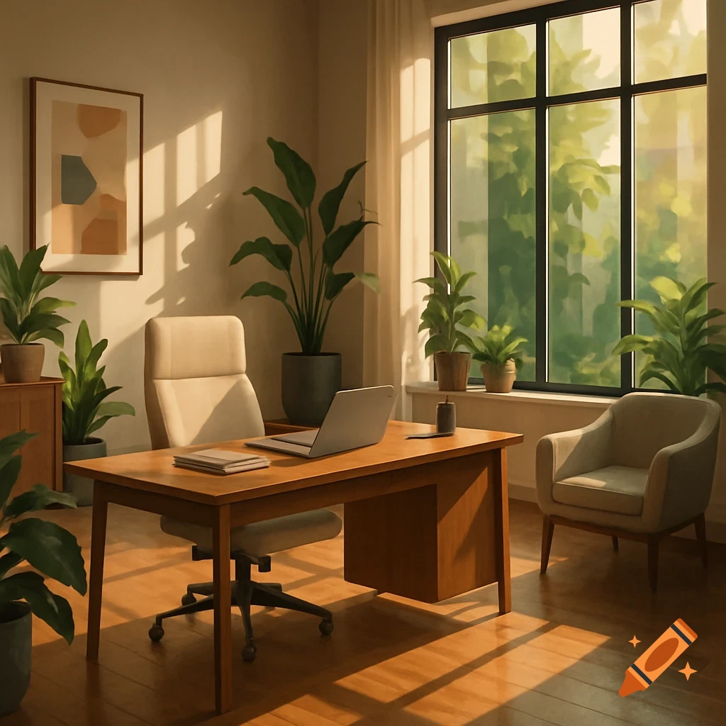 A sunlit, modern office interior with a wooden desk, executive chair, laptop, several green potted plants, and a large window overlooking trees.