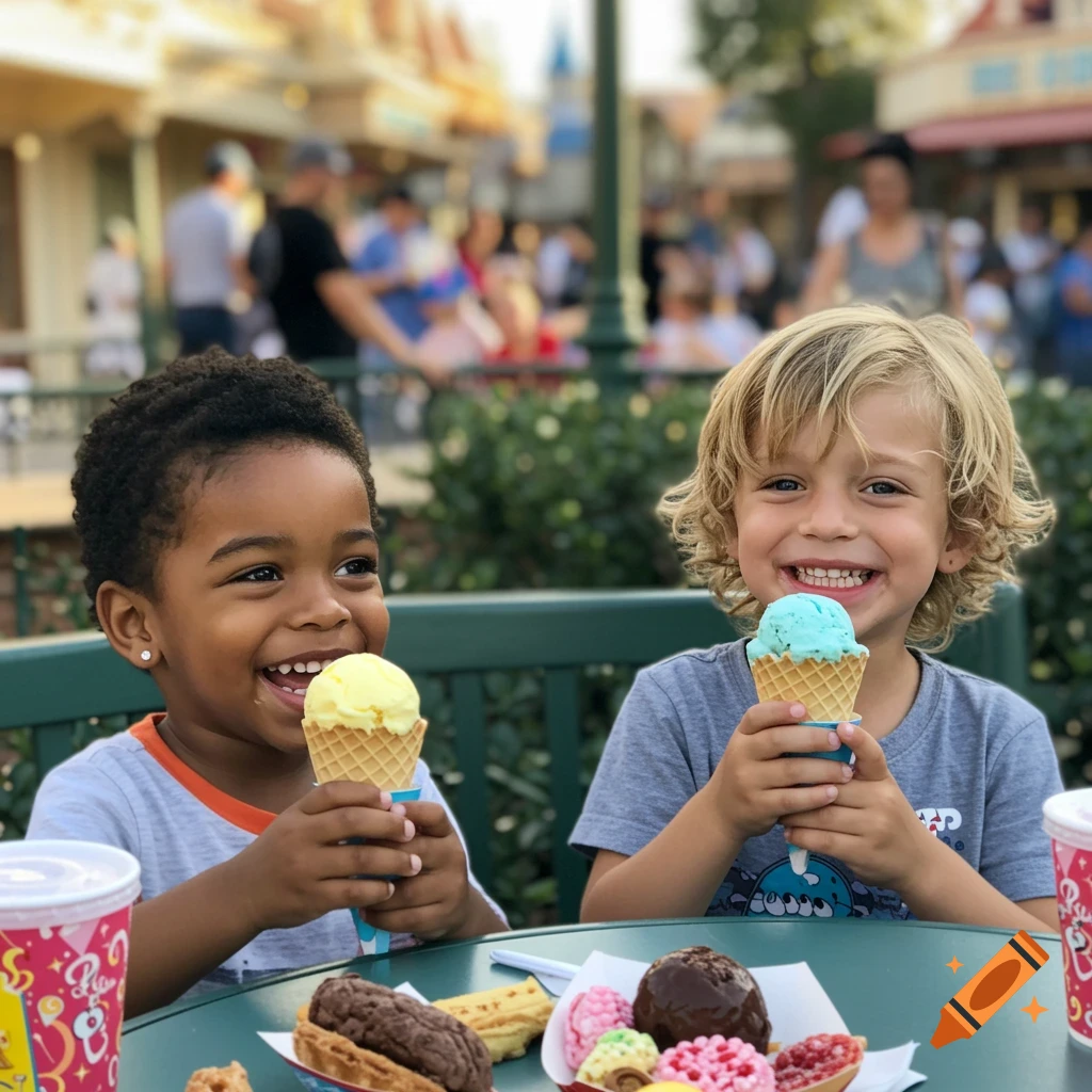 Two smiling young boys, one with dark curly hair and one with blonde hair, happily hold ice cream cones at an outdoor table with treats, at a theme park.