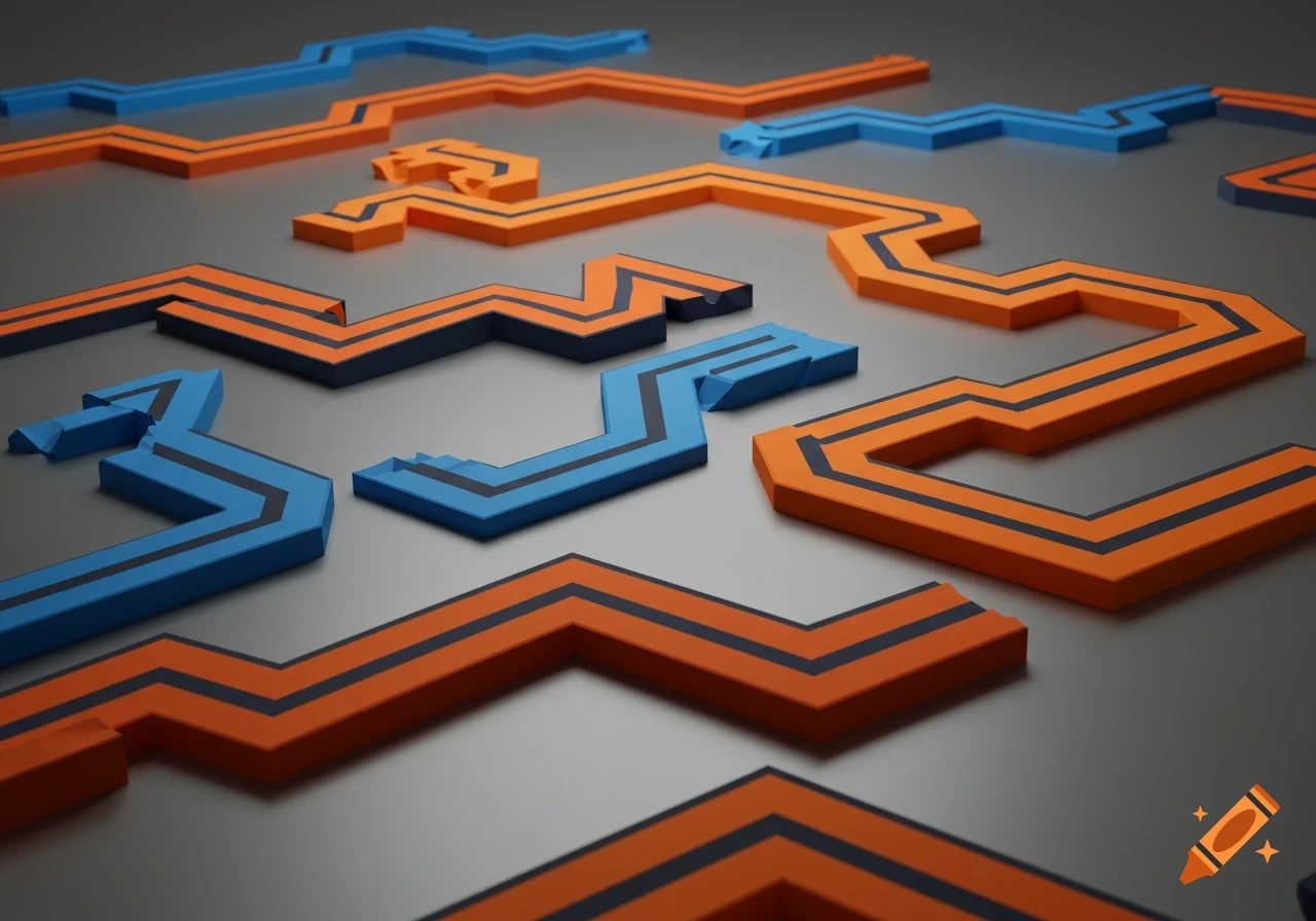 Abstract pattern of orange and blue zigzag lines with black stripes on a gray surface.