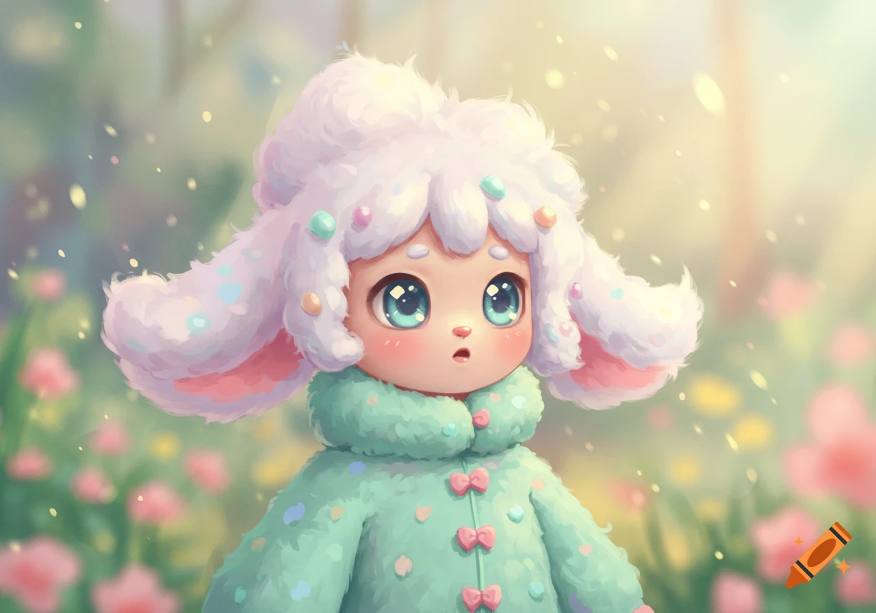 A cute fluffy creature with big blue eyes, pink cheeks, and white stylized hair wearing a mint green fluffy coat with pink bows, in a soft-focus floral background with sparkling light.
