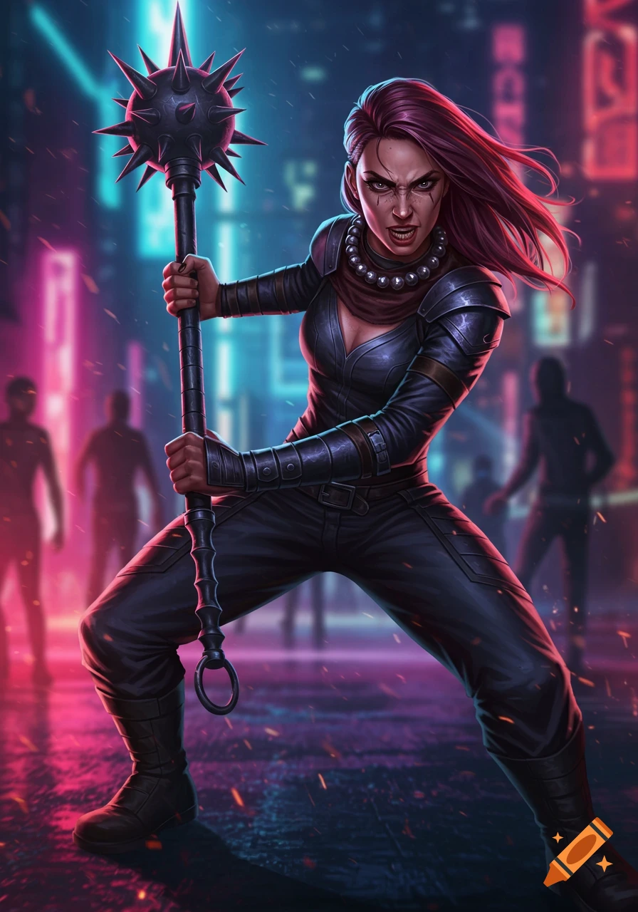 A powerful female warrior with red hair and an angry expression, clad in dark armor, holds a spiked mace in a neon-lit cyberpunk city street.