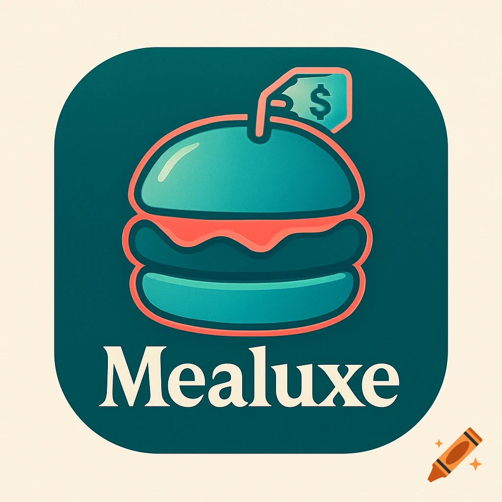 A stylized teal and coral burger logo with a price tag on top and the word 'Mealuxe' below, set against a rounded teal badge.