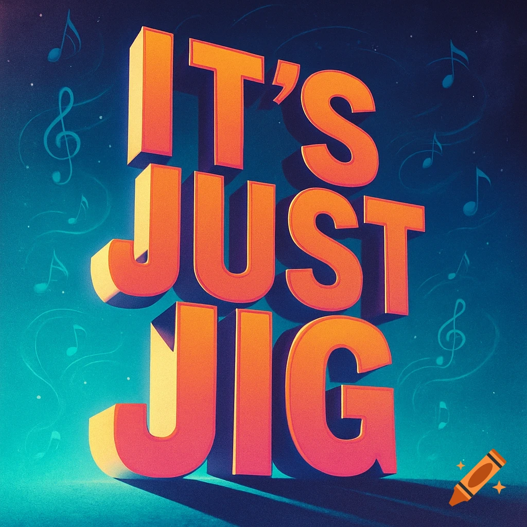Large, orange 3D letters spelling "IT'S JUST JIG" on a blue and teal gradient background with subtle musical notes.