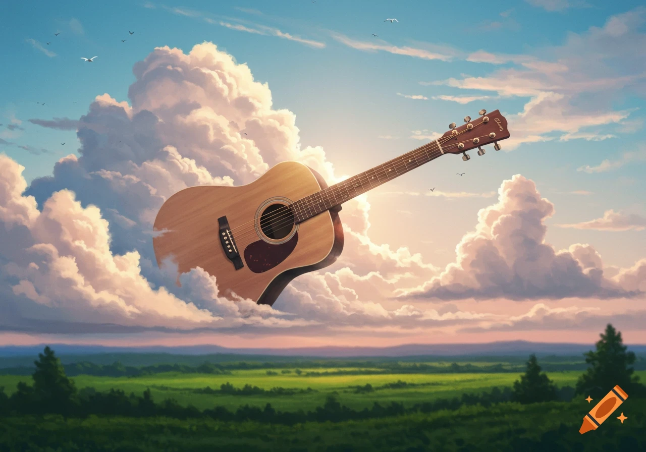 An acoustic guitar floats among fluffy clouds in a vibrant sky over a lush green landscape, in a dreamy art style.
