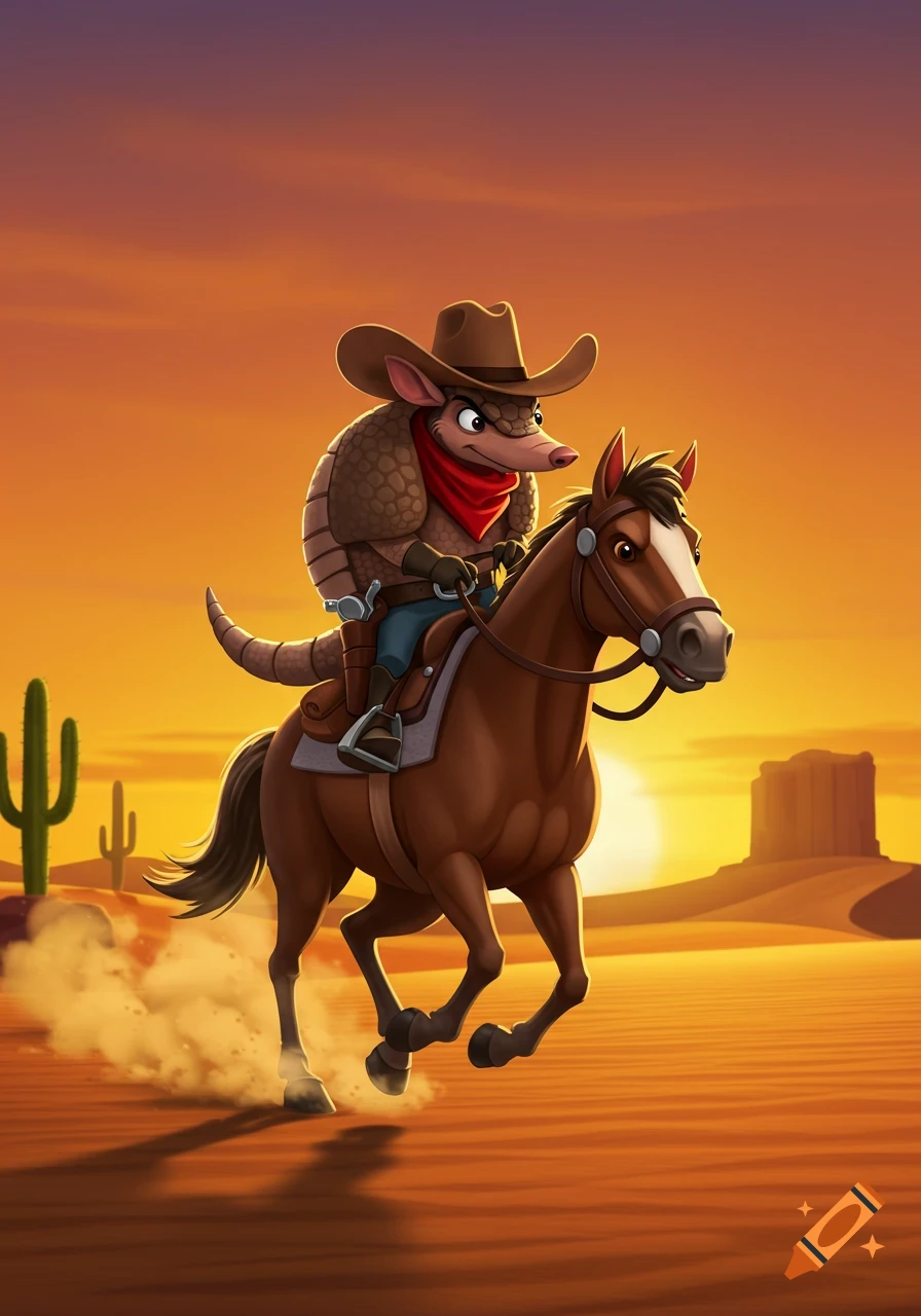 A cartoon armadillo cowboy with a red bandana and hat rides a horse through a desert at sunset.