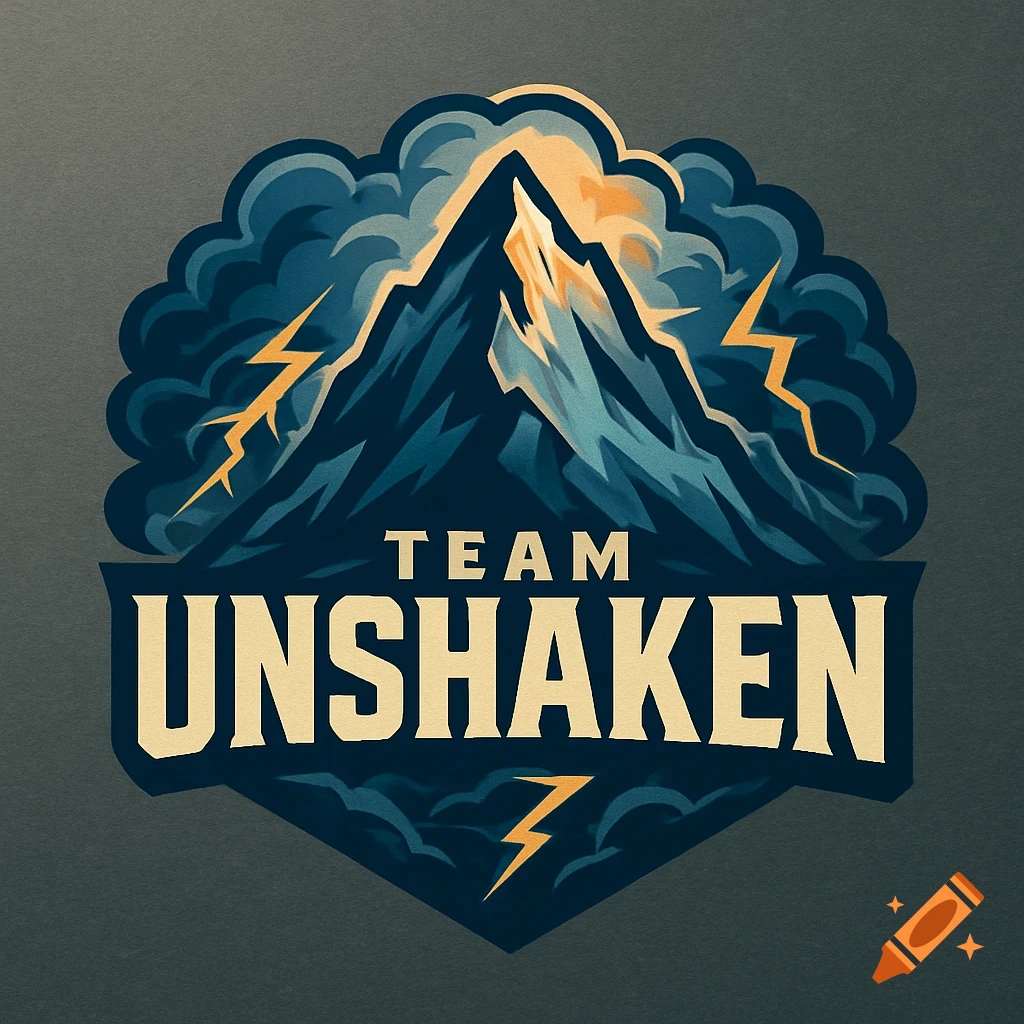 A stylized logo with a dark blue mountain, storm clouds, and yellow lightning bolts, featuring the text "TEAM UNSHAKEN".