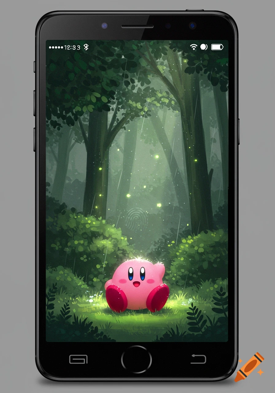A black smartphone displaying a wallpaper of Kirby in a magical, rainy forest with glowing fireflies and sunbeams.