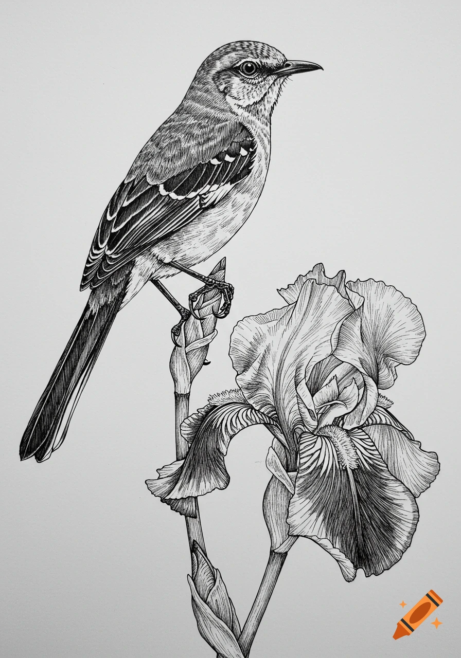 Detailed pen drawing of a Northern mockingbird perched on an iris flower.