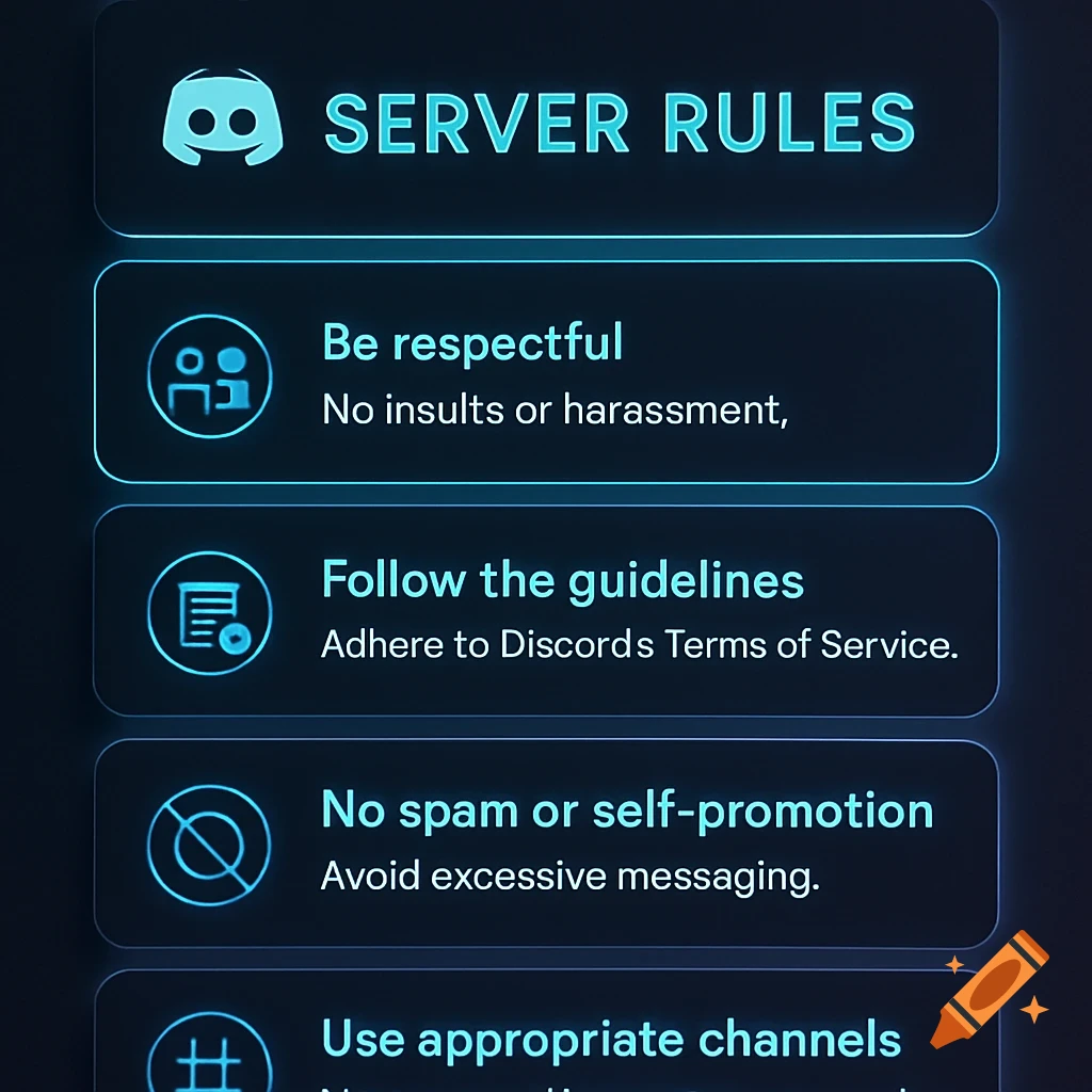 A dark background with several glowing blue text boxes outlining server rules, featuring a Discord logo at the top.