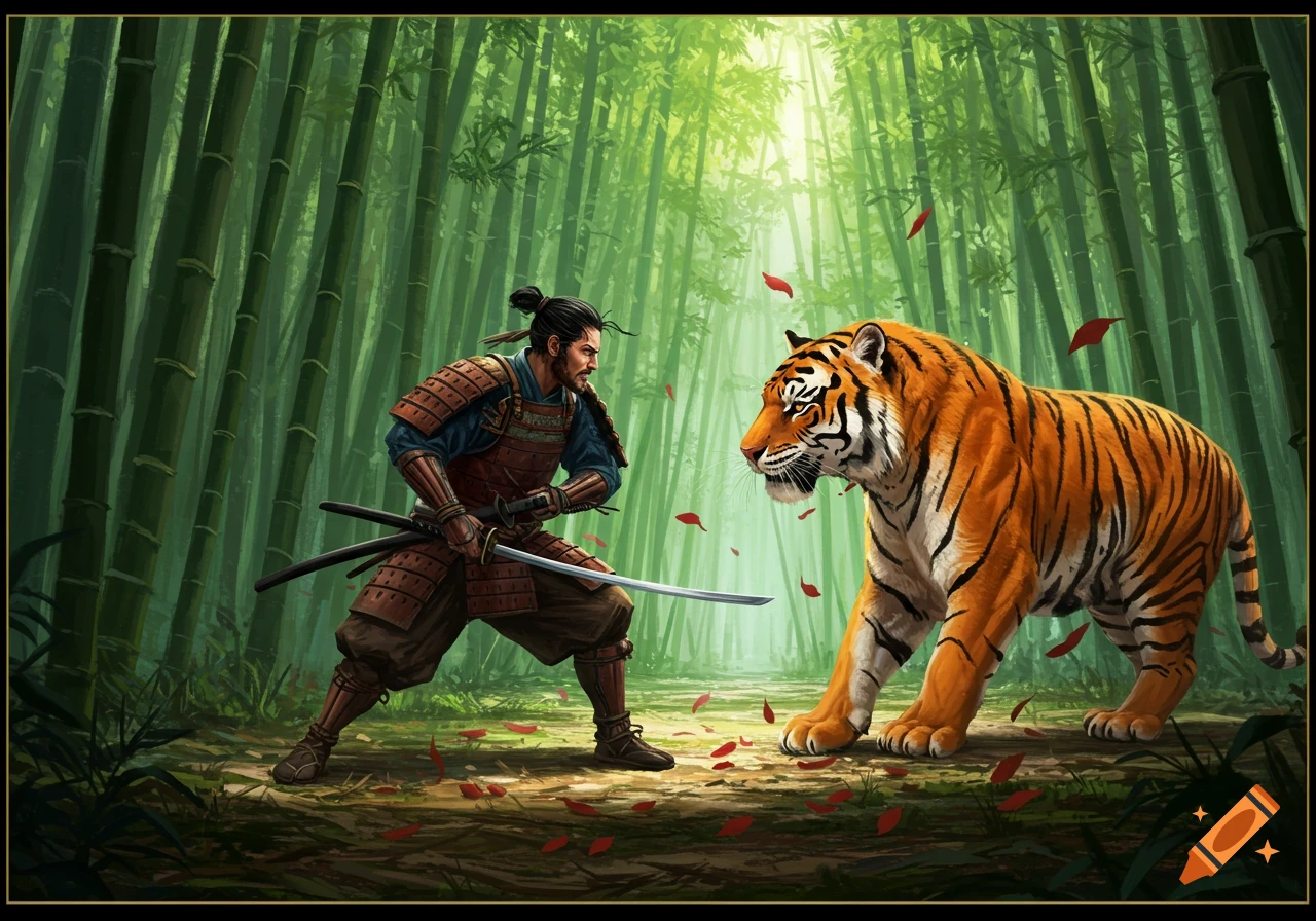 A samurai warrior in full armor holds a katana, facing a large tiger in a vibrant bamboo forest.