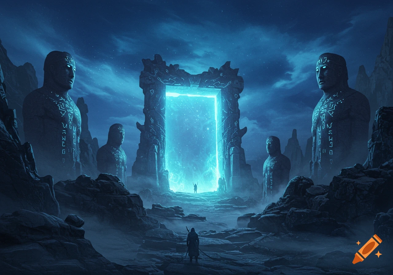A lone figure stands before a glowing blue portal called the Sky Gate, flanked by colossal ancient stone guardians with glowing runic symbols, under a mystical night sky.