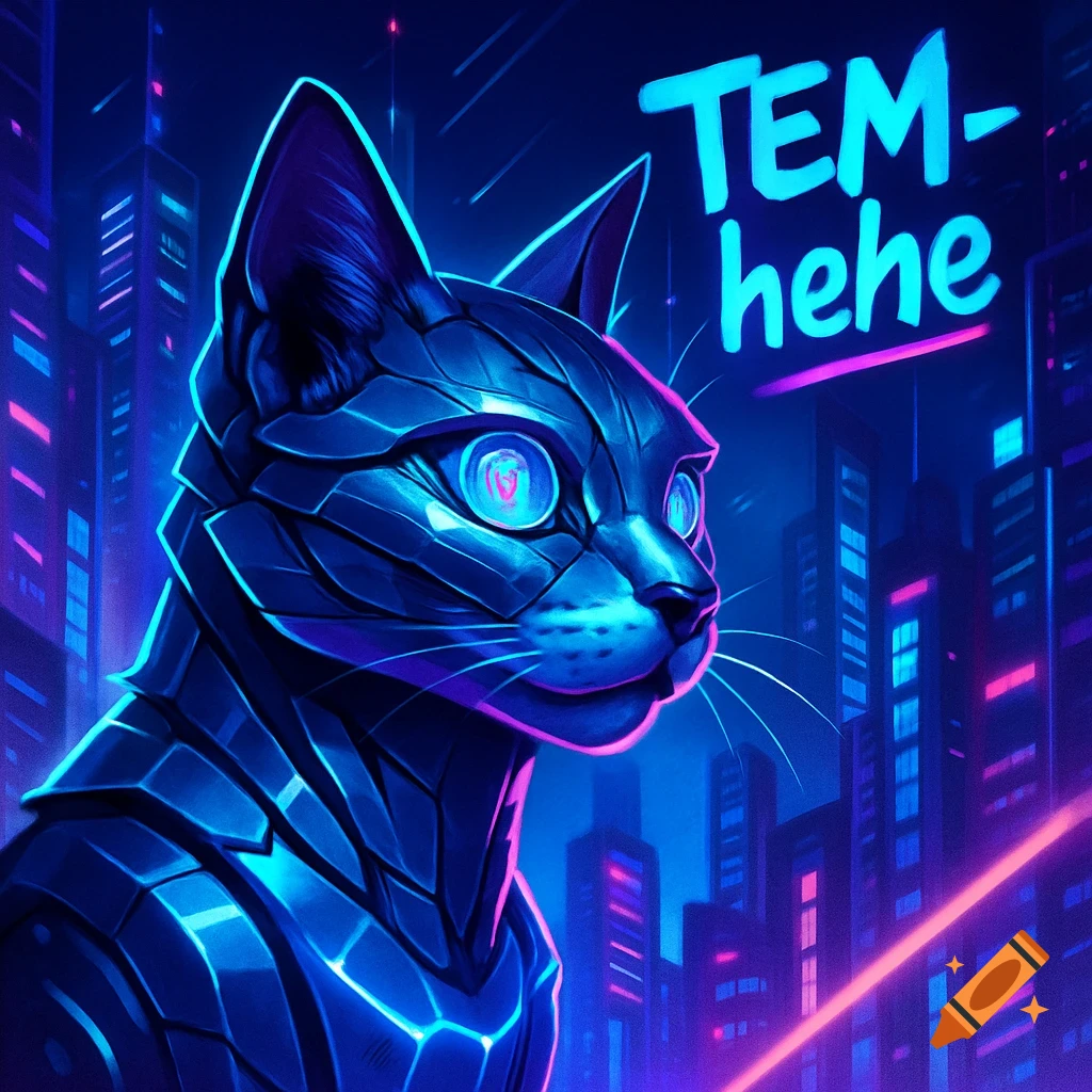 A futuristic, armored cat with glowing blue eyes looks right in a neon-lit cyberpunk city, with "TEM-hehe" text in the upper right.