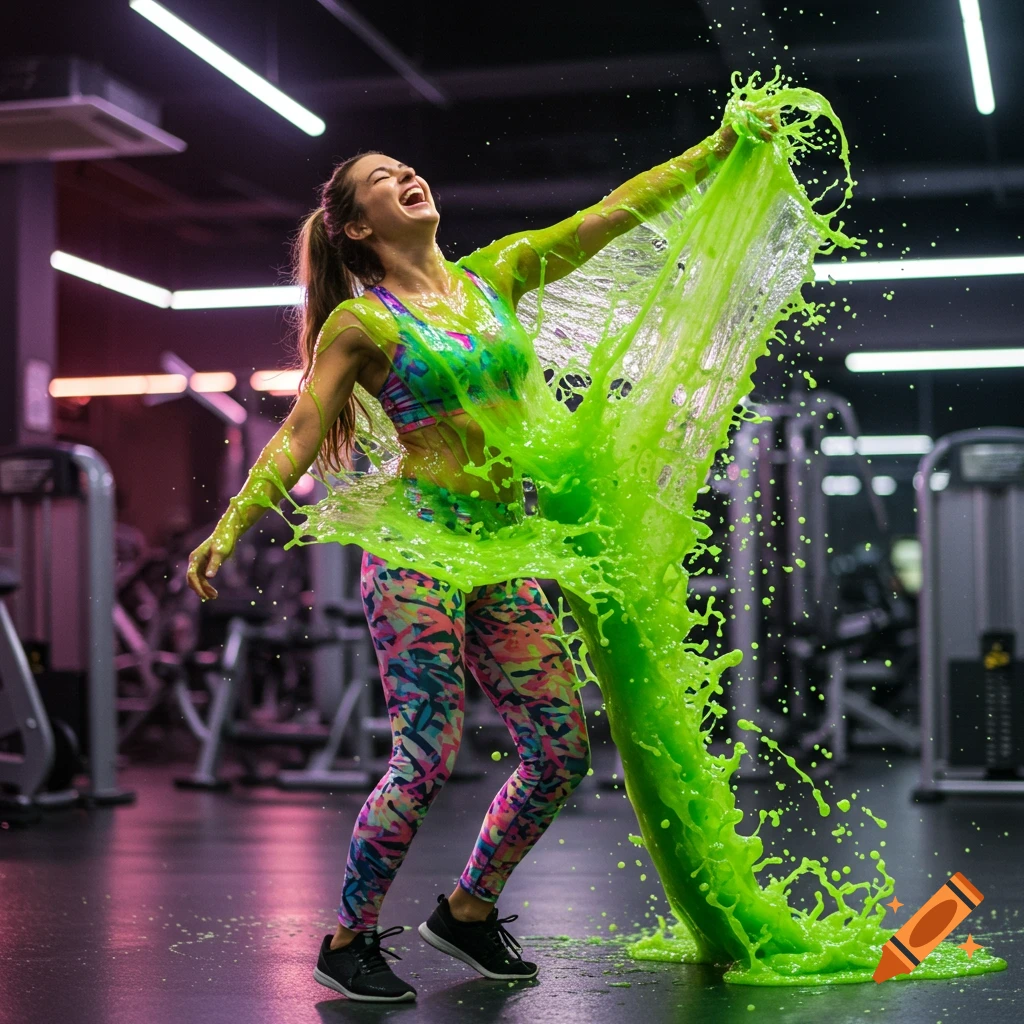 A happy woman in fitness attire is doused with vibrant green slime in a modern gym, captured in a dynamic shot.