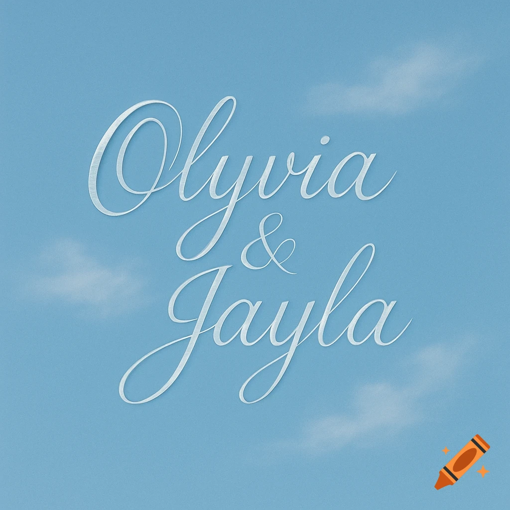 White cursive text 'Olyvia & Jayla' on a light blue sky background with faint clouds.