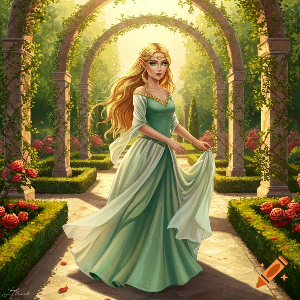Blonde elf princess in a flowing green dress stands in an enchanted garden with rose-covered arches.