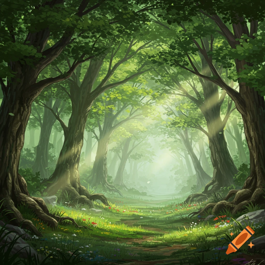 Illustrative forest scene with a sun-dappled path winding through lush green trees and wildflowers.