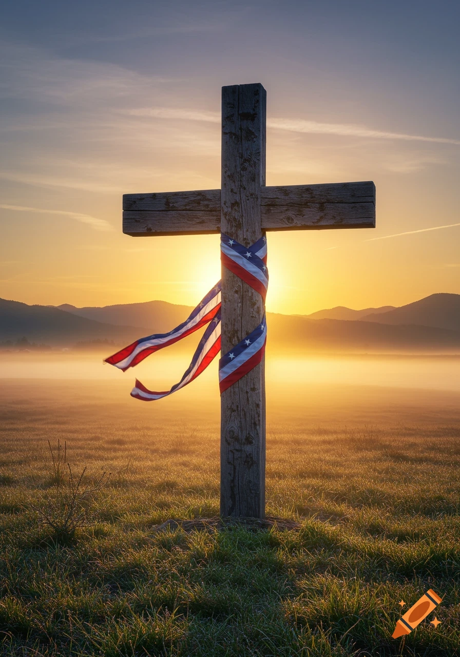 A wooden cross wrapped with a patriotic ribbon in a misty field at sunrise.