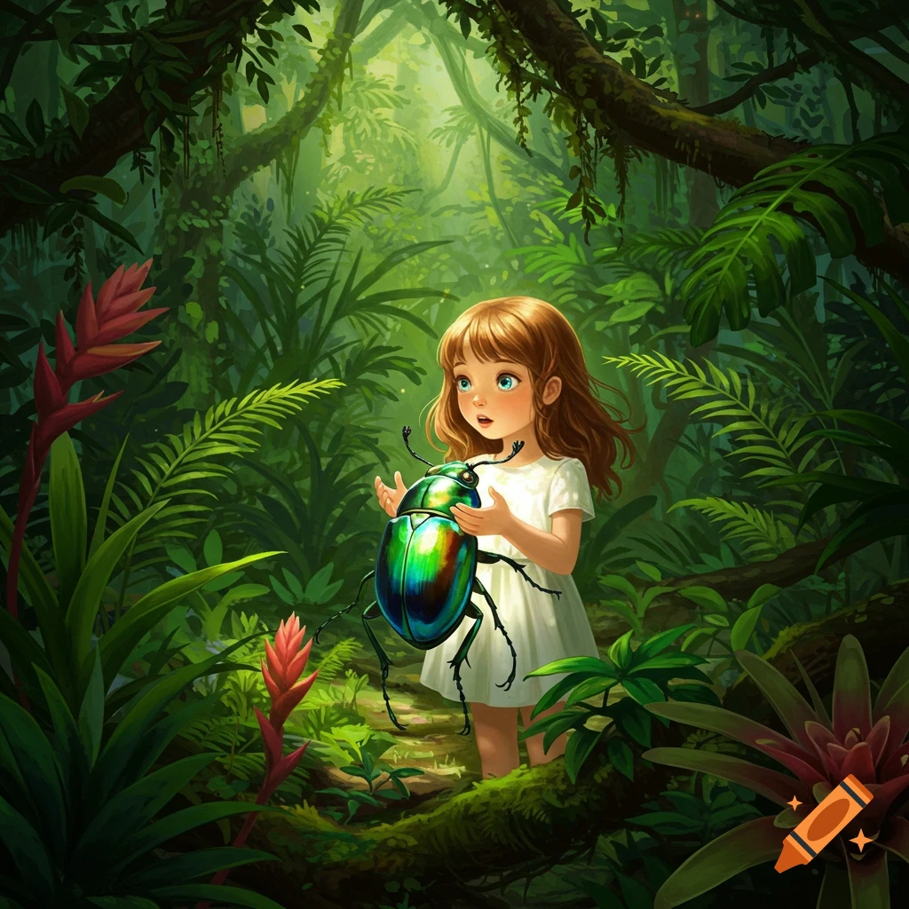 A wide-eyed girl in a white dress holds a large, iridescent green and blue beetle in a lush, sun-dappled rainforest.